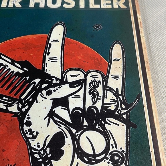 Vintage Vibe NWT Hair Hustler Metal Tin Sign Tatoo Hand Design Scissors Comb - Picture 2 of 6